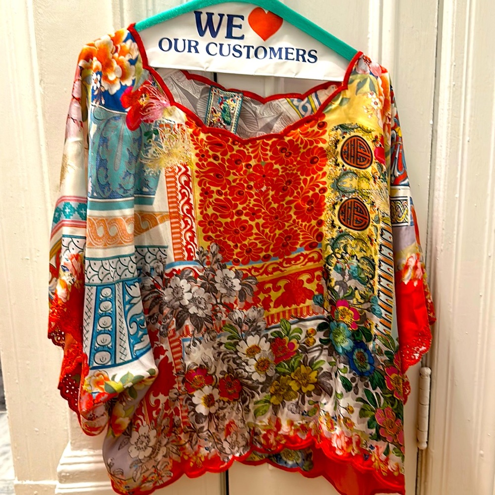 Silk off the shoulder with wide sleeve blouse